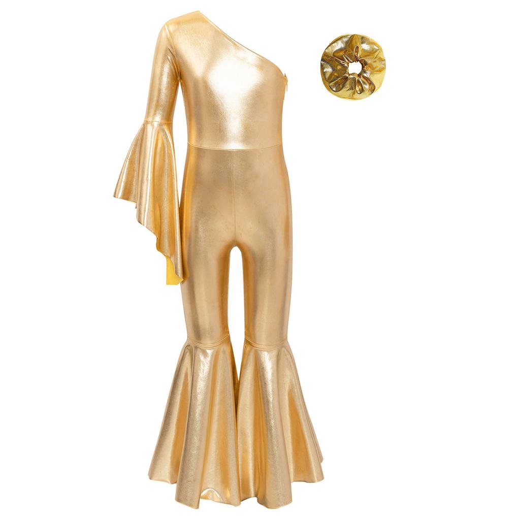 Девочки Блестящий Расклешенный Танцевальный Костюм Модный Комбинезон на Одно Плечо с Расклешенным Рукавом Повязка для Волос Головной Убор для Выступлений