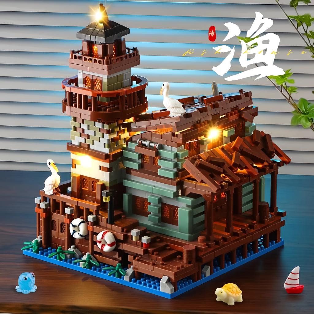 Micro Building Blocks Fishing Village Cottage, Architectural Building Blocks City House Model Gift for Girls and Boys, Kids Toys