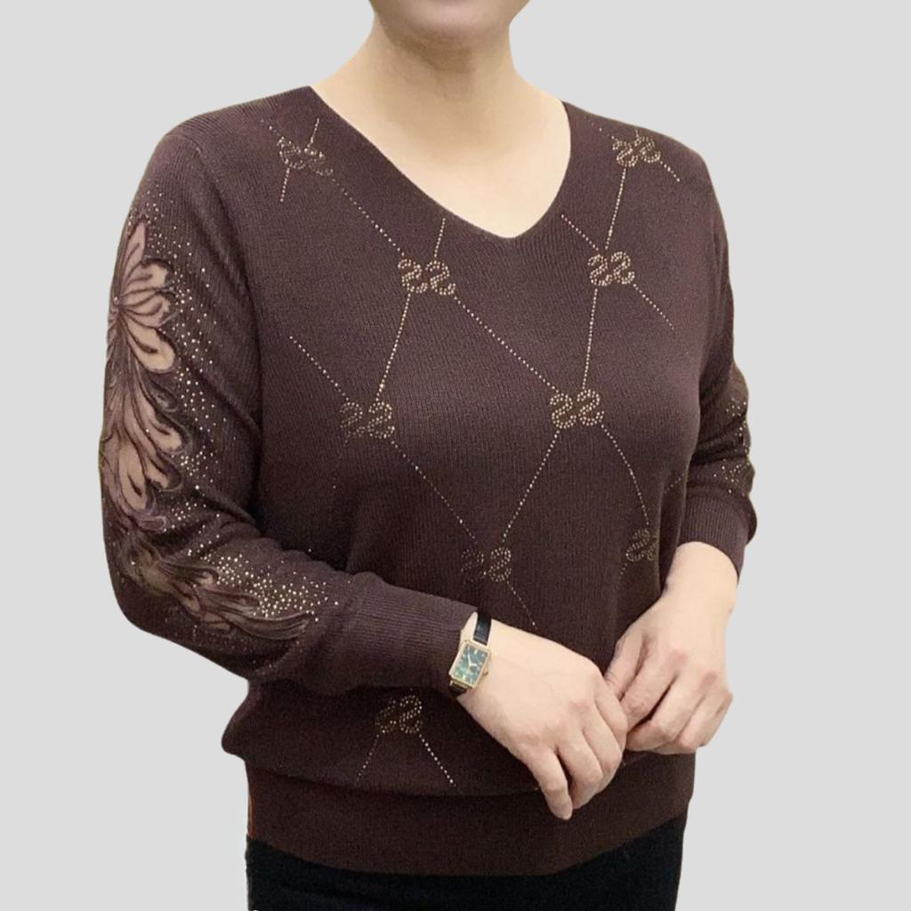 Весенне-осенний женский свитер с V-образным вырезом, свободного кроя, со стразами, ажурный вязаный пуловер
