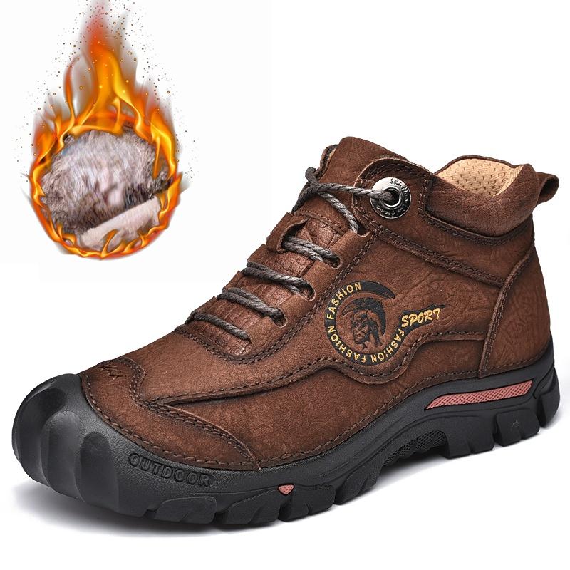 Men's Hiking Boots High Top Leather Plush Outdoor Cotton Shoes Large Size 39-46