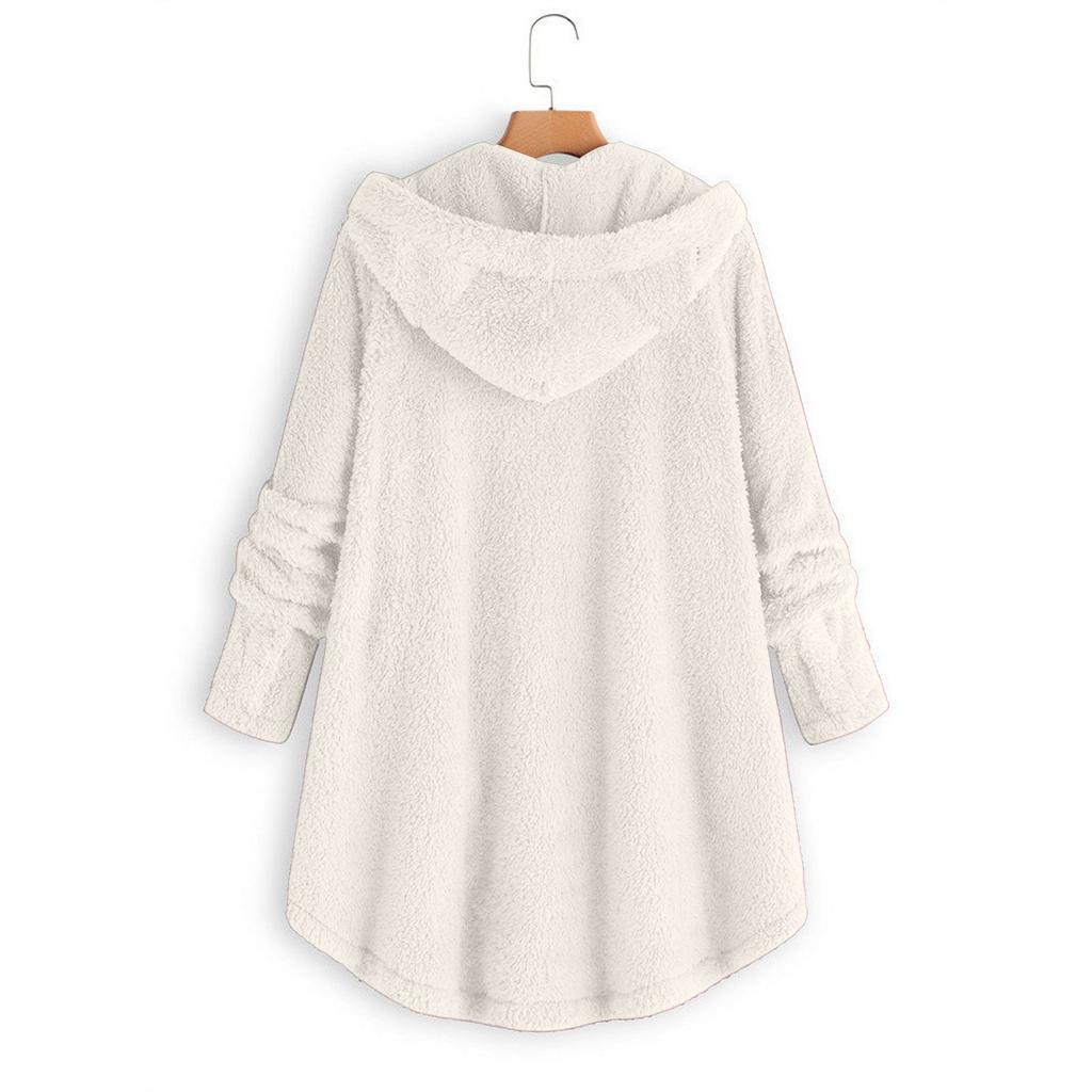Women's Loose Plush Solid Color Single Breasted Pocket Hood Zipper Jacket