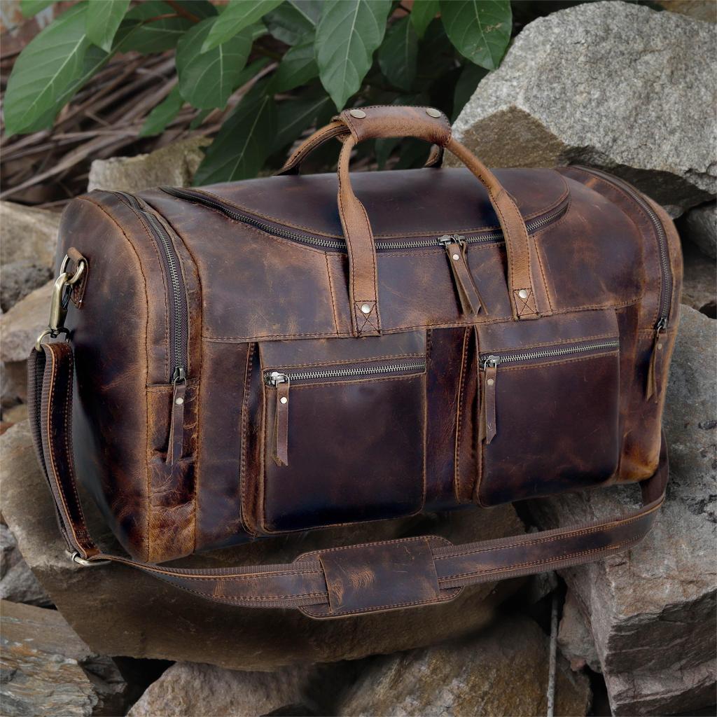 Handmade Top Grain Leather Duffel Bag: Retro Travel Weekender