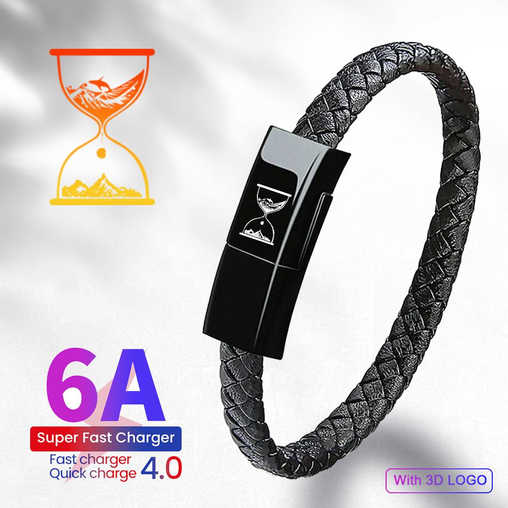 EONLINE 3A 3D Portable Leather PD Mini Micro USB Bracelet Super Fast Charger Data Charging Cable Sync for Android Type-C Phone