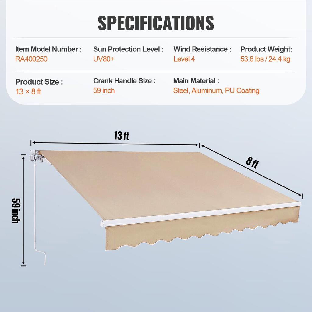 Manual Retractable Awning, 13 x 8 ft Outdoor Patio Awning Retractable Sun Shade, Water-Resistant Polyester Patio Door Window Awning Sunshade Shelter