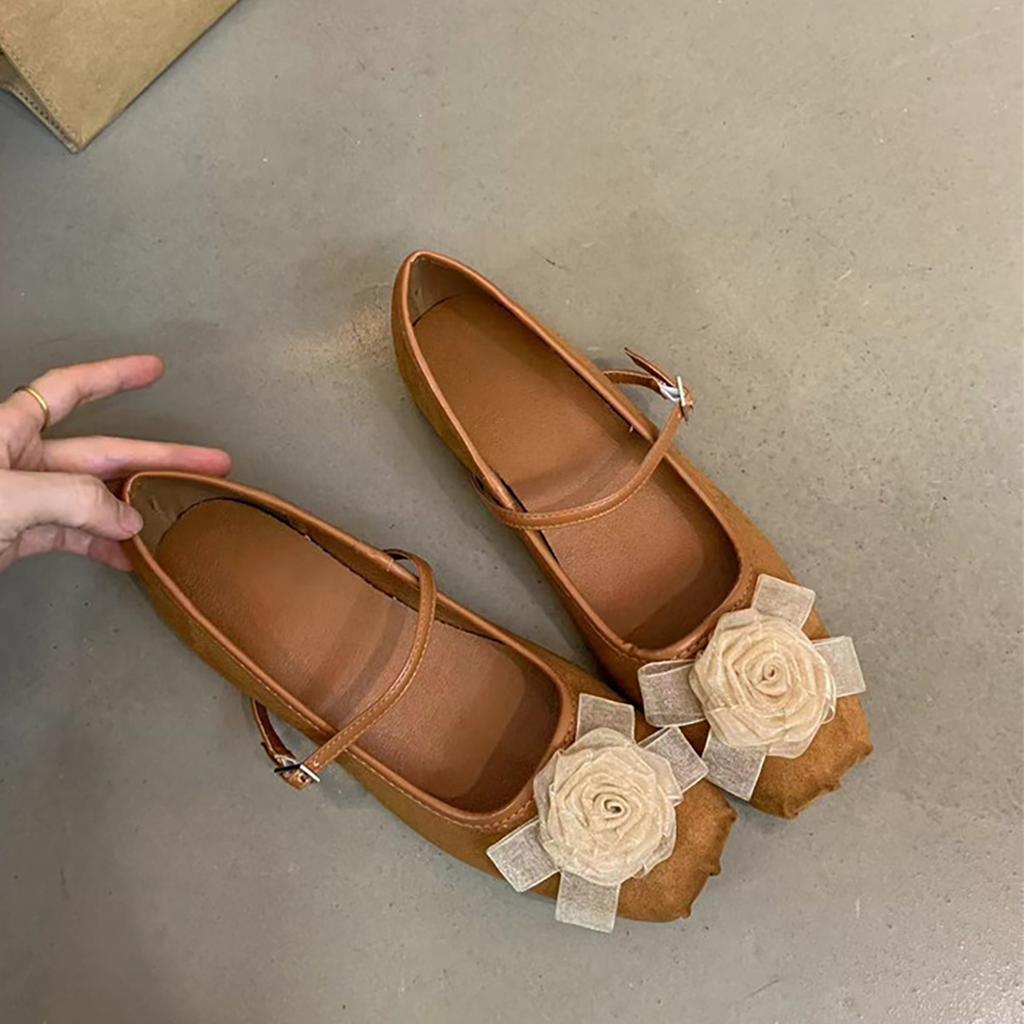 New Chinese Flower Gentle Wind Shallow Mouth Single Shoes Women's 2025 New Square Head French One-word Buckle Flat Mary Jane Shoes