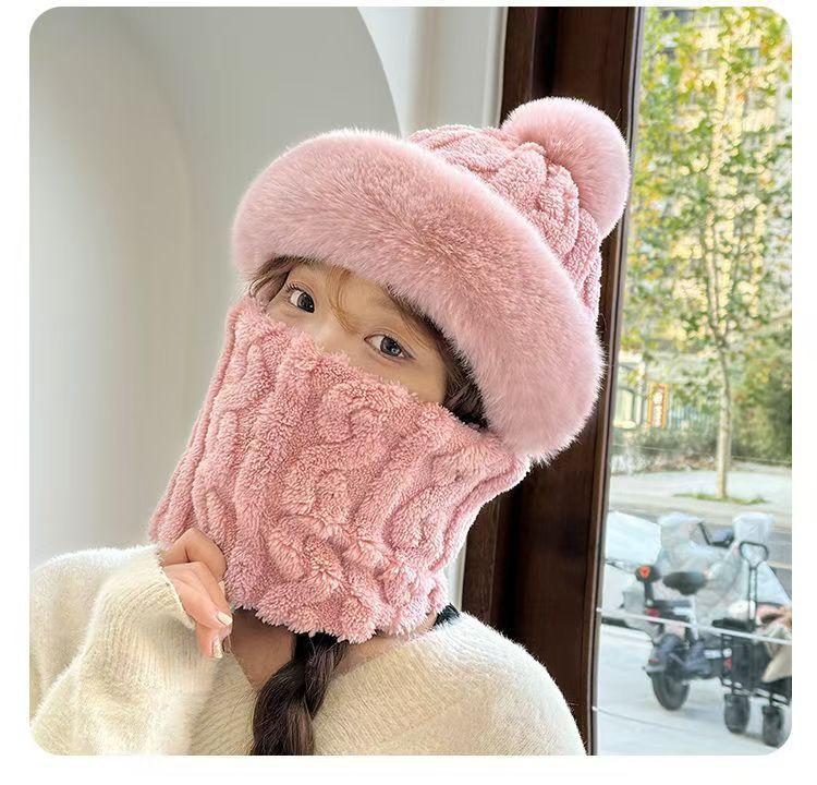 Hat, Scarf And Mask All-in-one Outdoor Women's Winter Travel Cold And Warm Equipment Cycling Thickened Plush Ear  Hat