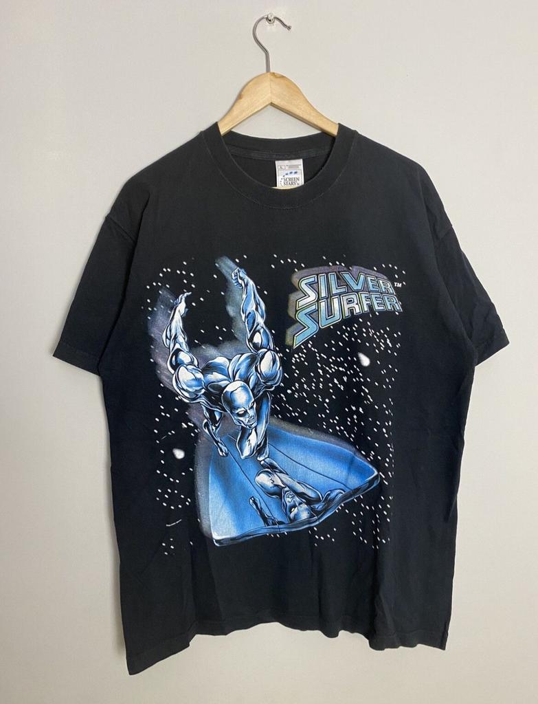 Rare Marvel 2001 Silver Surfer Vintage Cartoon Tee L Black Unisex T-Shirt