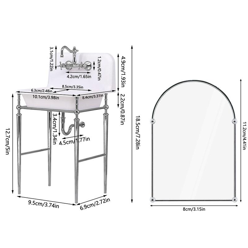 1:6 Dollhouse Miniature Kitchen Sink Lavatory Washbasin Water Faucet Bathroom Mirror Wash Sink Pot Model Diy Furniture Toy Decor