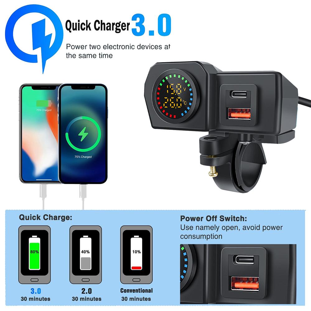 60 Вт мотоциклетный руль PD QC3.0 зарядное гнездо USB Type-C быстрое зарядное устройство телефон адаптер питания с вольтметром термометр дисплей