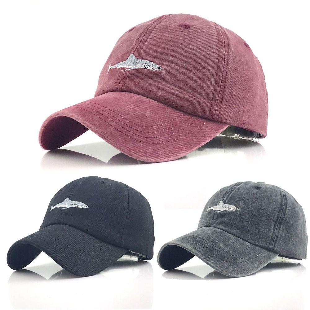 Бейсболки из промытого хлопка. Кепки дальнобойщика с вышивкой акулы. Бейсбольная кепка с хвостиком в стиле хип-хоп. Рыба.