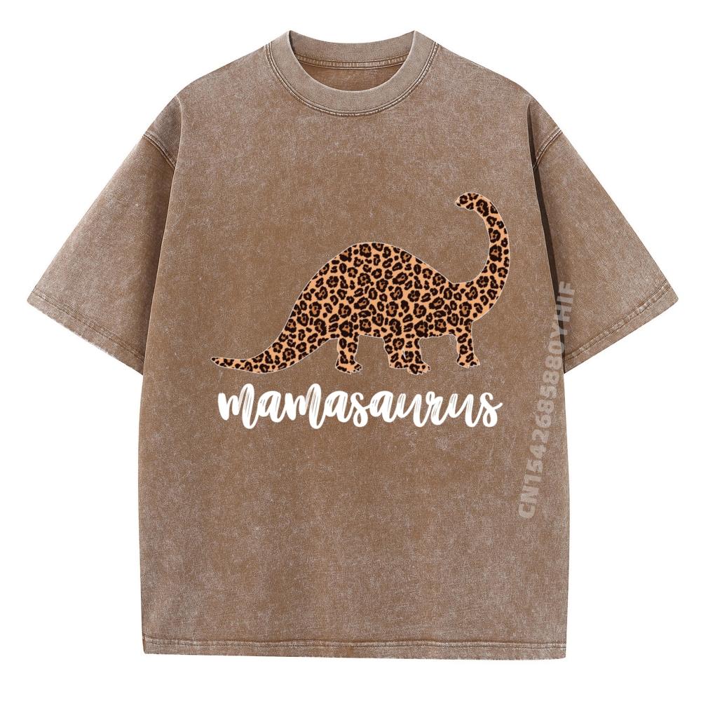 Mamasaurus T Rex Dinosaur Leopard Print Mama Saurus Funny Hiphop Streetwear Washed Camisetas De Hombre Printed Tshirts