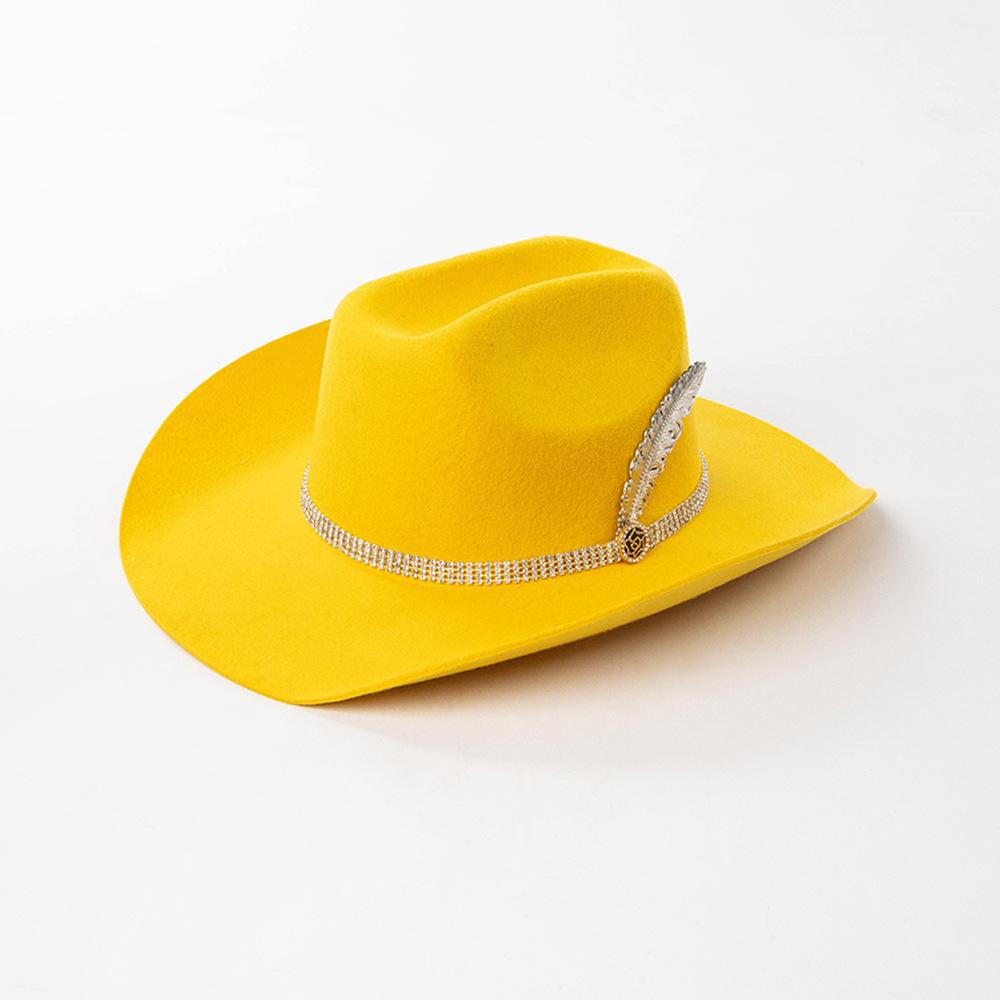 Europe, America autumn and winter fashion leisure hot-selling rhinestone metal feather big eaves warped edge wool cowboy hat felt hat tide