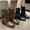 Женские мотоциклетные ботинки с толстой подошвой и толстым каблуком, модные ботинки 2024 года из искусственной кожи с заклепками и металлической пряжкой на ремне, стиль панк, до середины голени