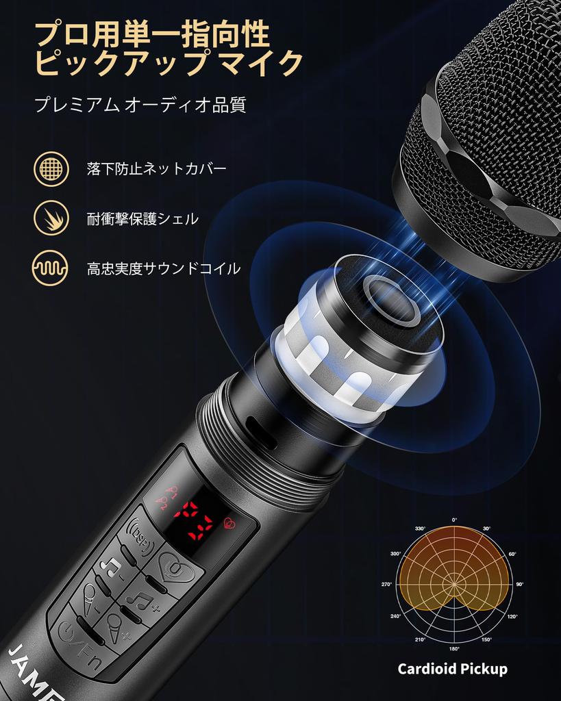 Беспроводной микрофон JAMELO, Перезаряжаемый динамический микрофон, 2,4 ГГц, 6 режимов реверберации, 3,5 мм приемник, Высококачественный звук, 18" выход, для усилителей,