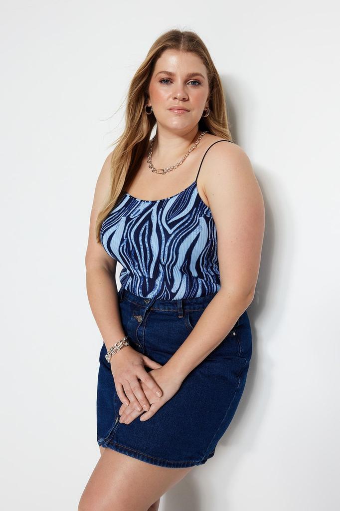 Women's Style Plus Size Blouse Blue Strappy Patterned Knitted Crop Blouse