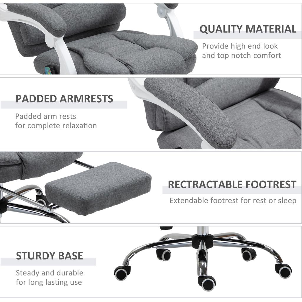 Office Chair with 6 Point Massage and Back Heat, Linen Desk Chair with Footrest Adjustable Height and Swivel Wheels, Back Reclining, Grey
