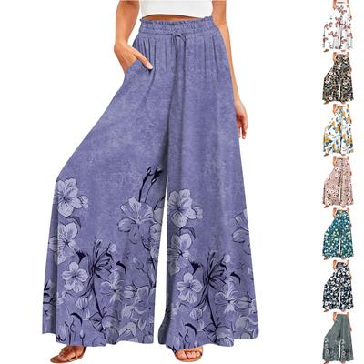 Женские летние широкие брюки с высокой талией и струящимися карманами, модные повседневные повседневные пляжные брюки в богемном стиле с принтом