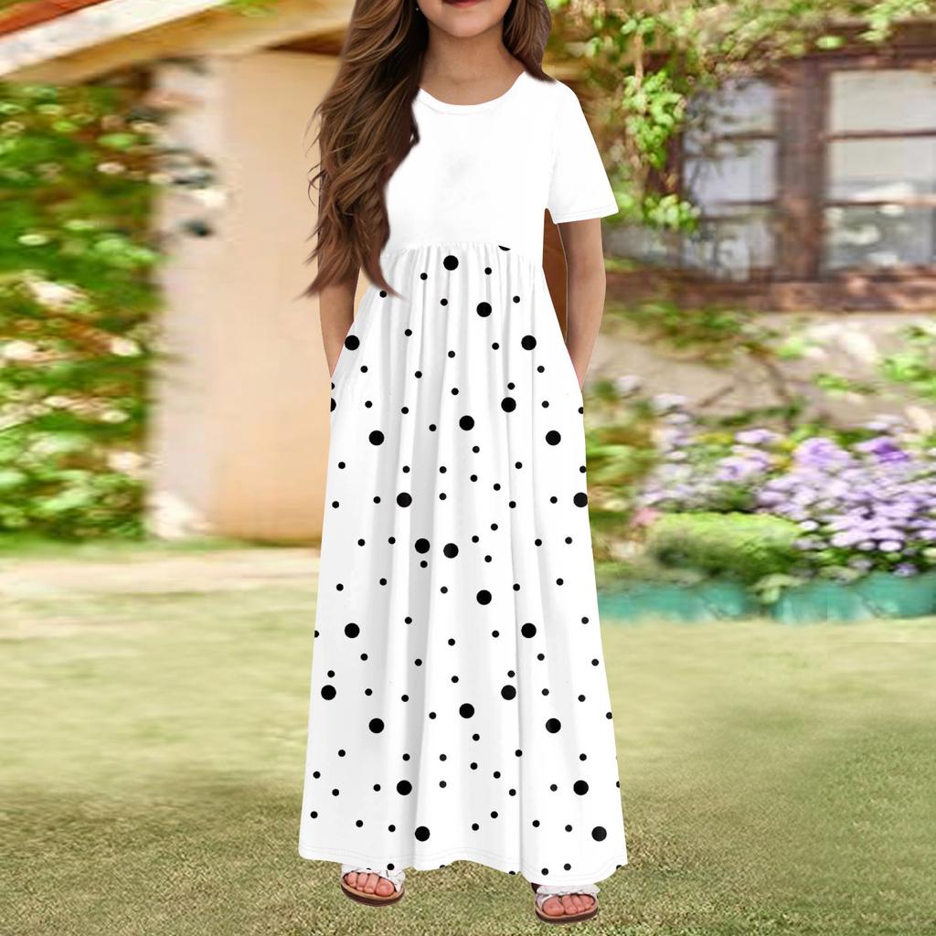 Длинное летнее платье для девочек - платье макси с короткими рукавами и карманами для детей 4-14 лет