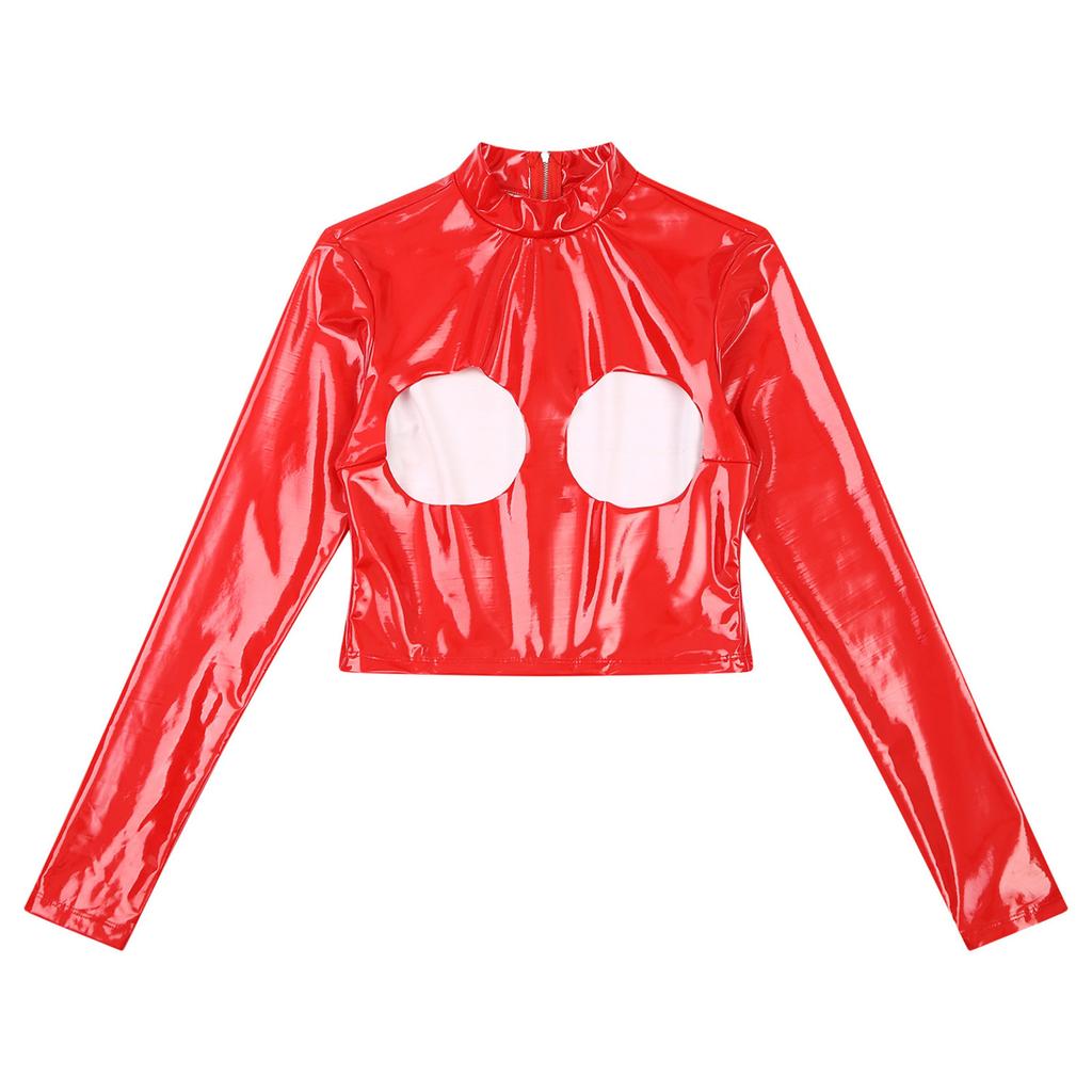 Women's Wetlook Patent Leather Mock Neck Long Sleeve Hollow Out Crop Tops Clubwear