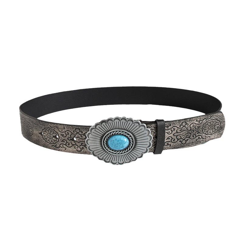 Ретро состаренный высококачественный тяжелой промышленности женский ремень с большим драгоценным камнем в виде цветка, модный женский ремень с темным тиснением для горячей девушки