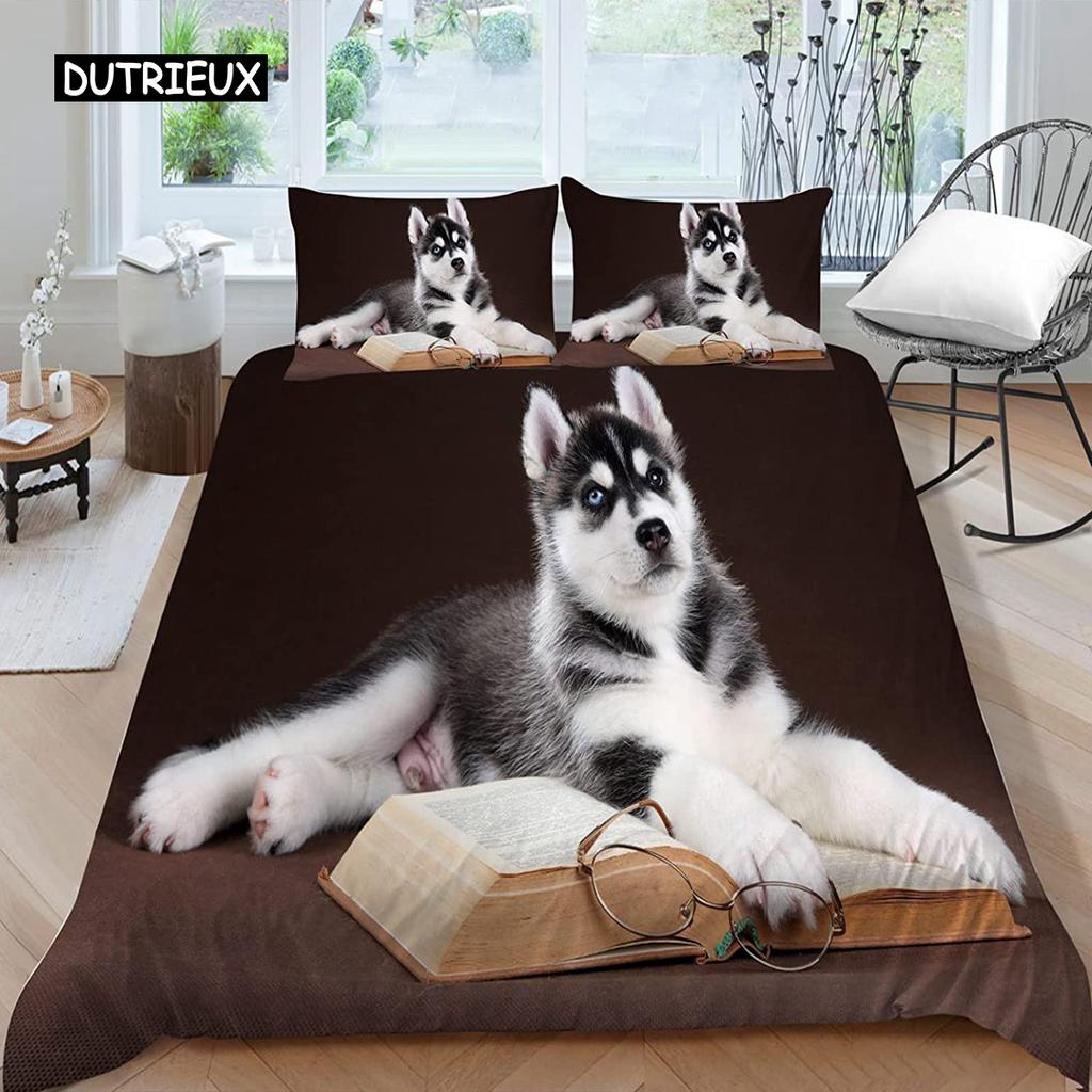 Пододеяльник с изображением хаски, щенка, питомца, цветка, джунглей, природного пейзажа, милого животного, комплект постельного белья из полиэстера, двуспальный королевский пододеяльник