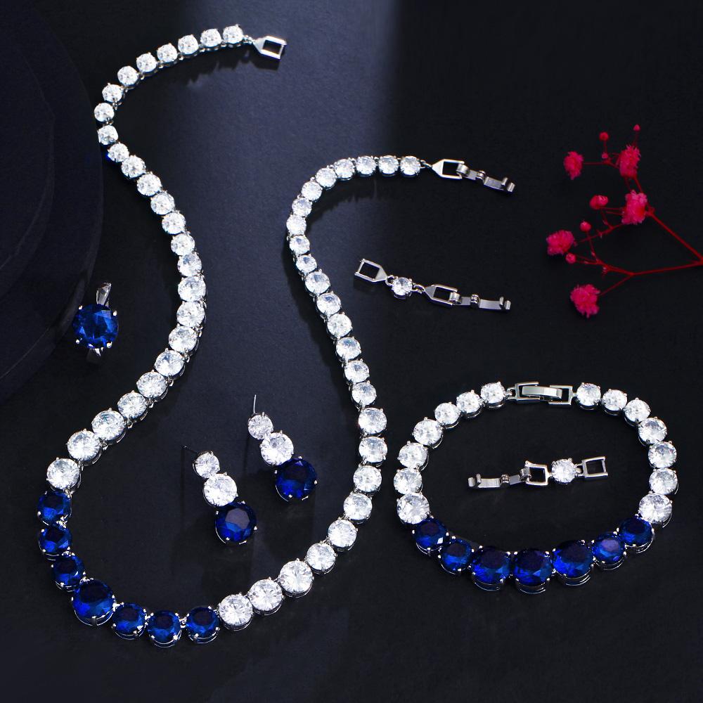 CMM 4PS Роскошный комплект свадебных украшений, ожерелье, кольцо, серьги, браслет, сапфировый цвет/рубиновый цвет, цирконий