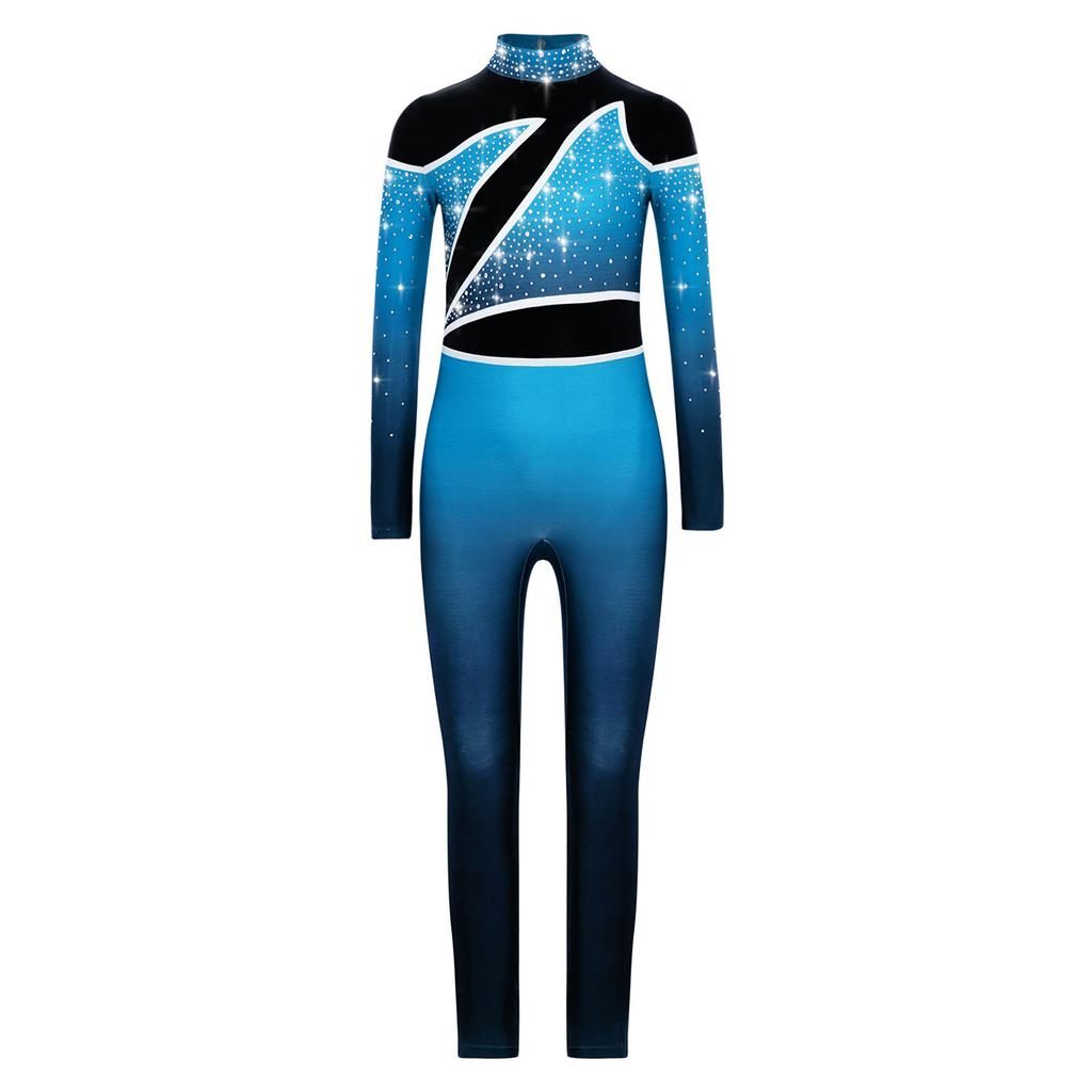 Комбинезон для девочек с цветными блоками, воротником-стойкой, длинными рукавами, вырезом-замочной скважиной на спине, со стразами, для танцевальных выступлений