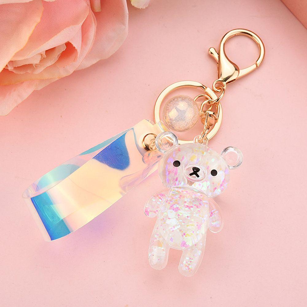 Cartoon Car Charm Acrylic Key Fob Liquid Keyring Backpack Pendant Glitter Bear Quicksand Keyring