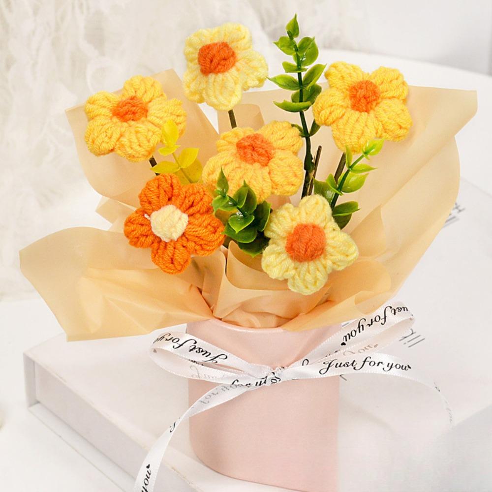 Finished Crochet Flowers Bouquet Cream Puffs Flower Handmade Artificial Flowers Decor Knitted Flower Bouquet