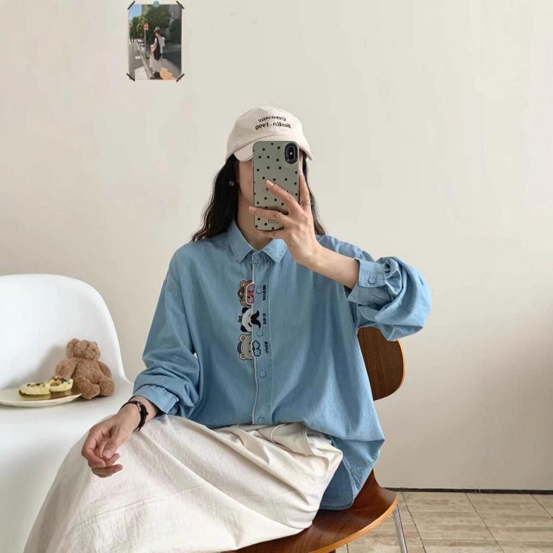 Женская ретро джинсовая рубашка с вышивкой в стиле мультфильмов - Хлопок, с длинным рукавом, повседневный топ на весну/осень 2025