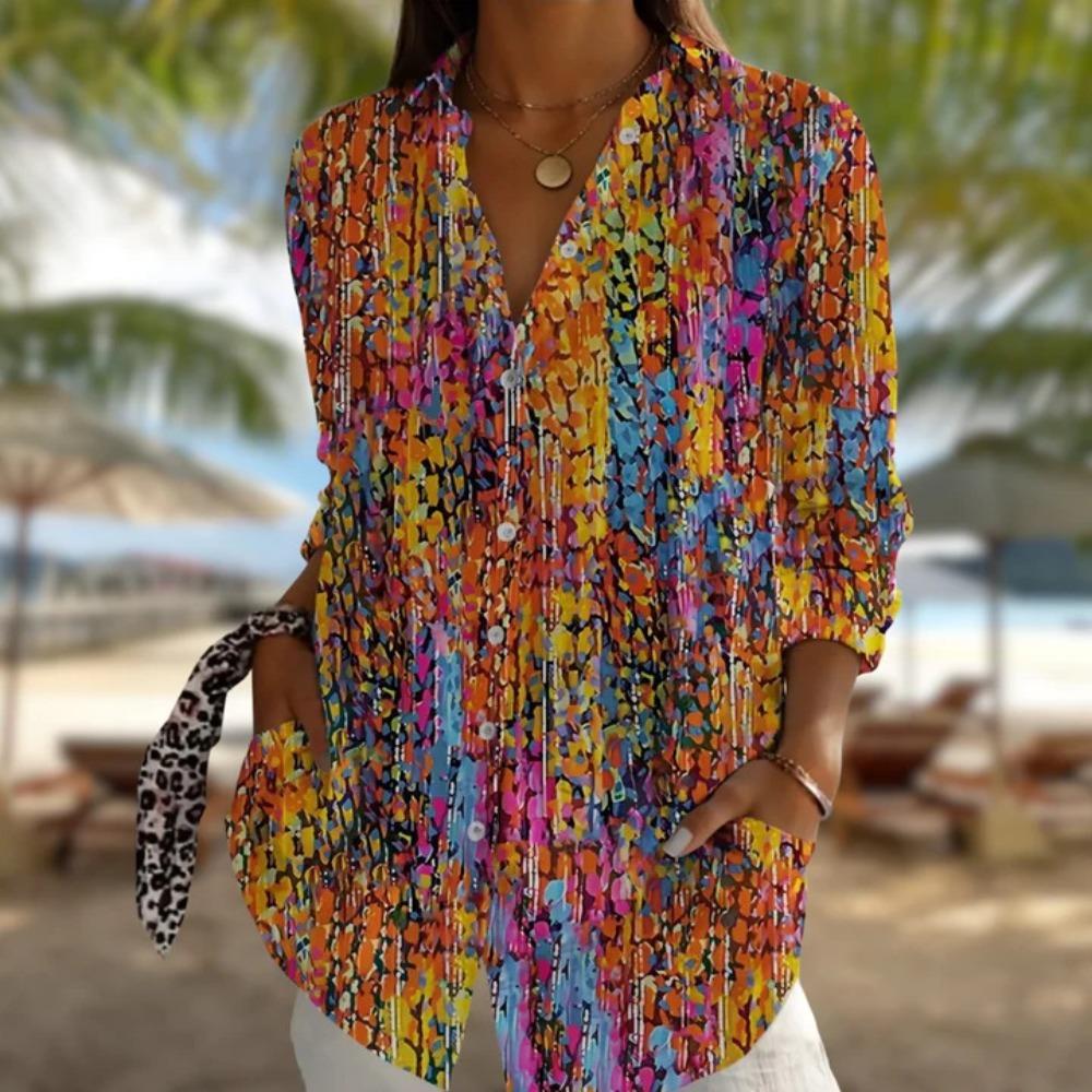 Женская блузка большого размера с длинным рукавом, на пуговицах, однотонная, с цветочным принтом, повседневная, комфортная