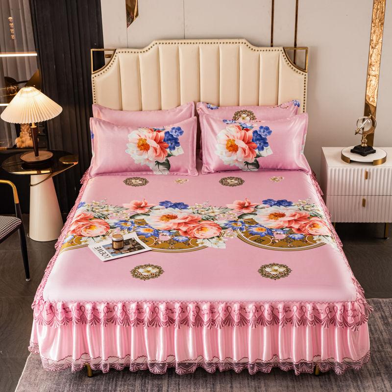 3 шт./лот, комплект двуспальных простыней, классическая кружевная королевская синяя простыня, юбка, можно стирать в машине, свадебное покрывало, наматрасник