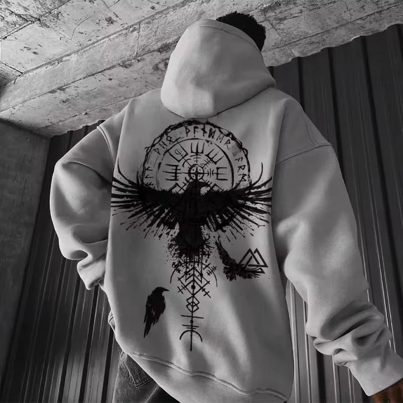 Men's Viking Totem Hooded Sweatshirt Cotton Loose Fit Eagle Pattern Sporty Fashionable Casual Hoodie moto
