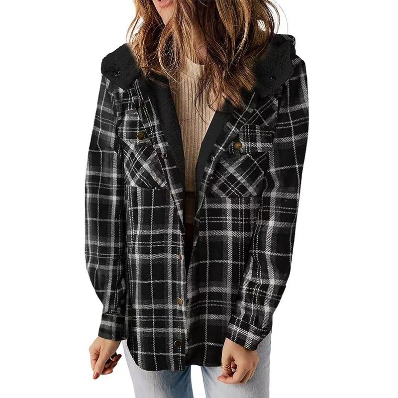 Women's Winter Casual Plaid Hooded Tweed Coat Thickened Padded Warm Jacket Lamb Wool Lining