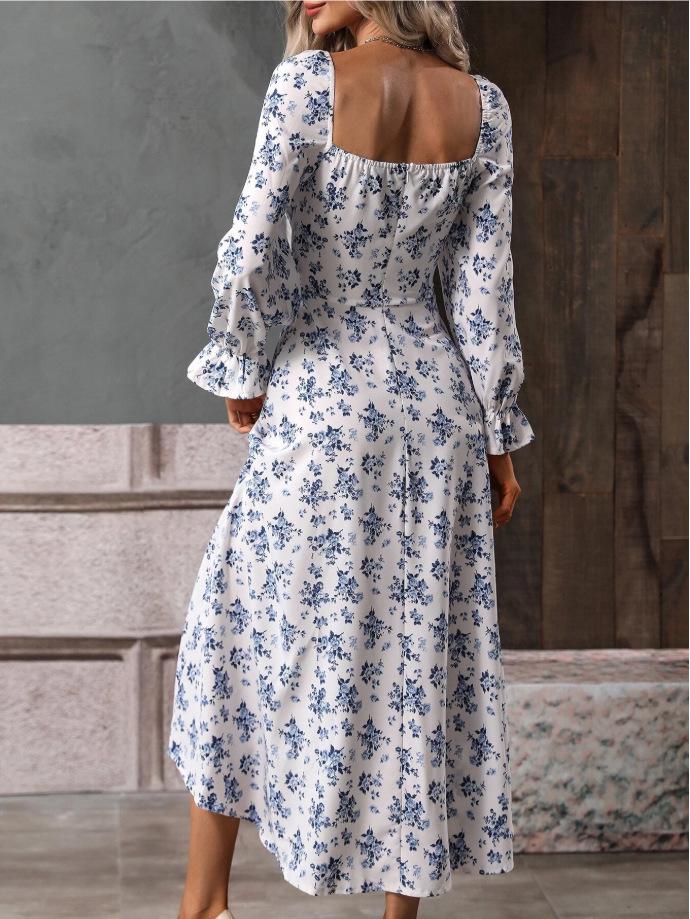 2025 Spring & Autumn European-American Bohemian Backless Print Long Sleeve Dress