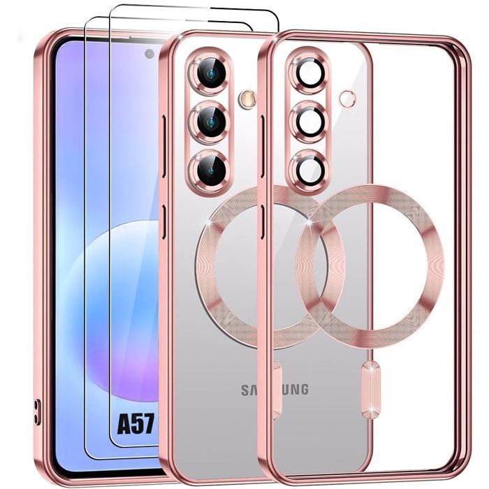 Coque pour Samsung Galaxy A57 5G, Protection Contour Rose avec Cercle Magnétique - 2 Verres Trempés