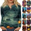 Женская модная повседневная футболка с круглым вырезом и длинными рукавами на Хэллоуин с принтом на пуговицах Топ