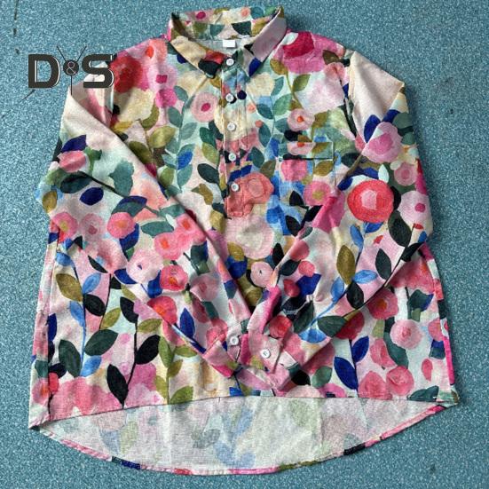 Женская рубашка с лацканами и пуговицами на рукавах 3/4, рубашка с вырезом, топы с цветочным принтом, свободная посадка, повседневная рубашка, тонкая блузка, уличная одежда