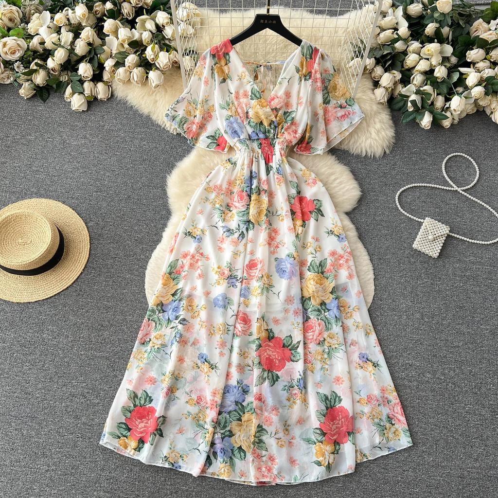 Морское праздничное шифоновое платье с принтом, женское летнее новое обтягивающее талии с v-образным вырезом средней длины, большая распашная юбка, модная