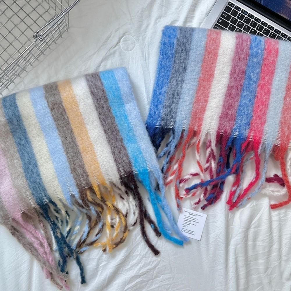 Rainbow Tassel Grid Scarf Thickening Winter Cashmere Scarf Warm Shawl  for Autumn Winter