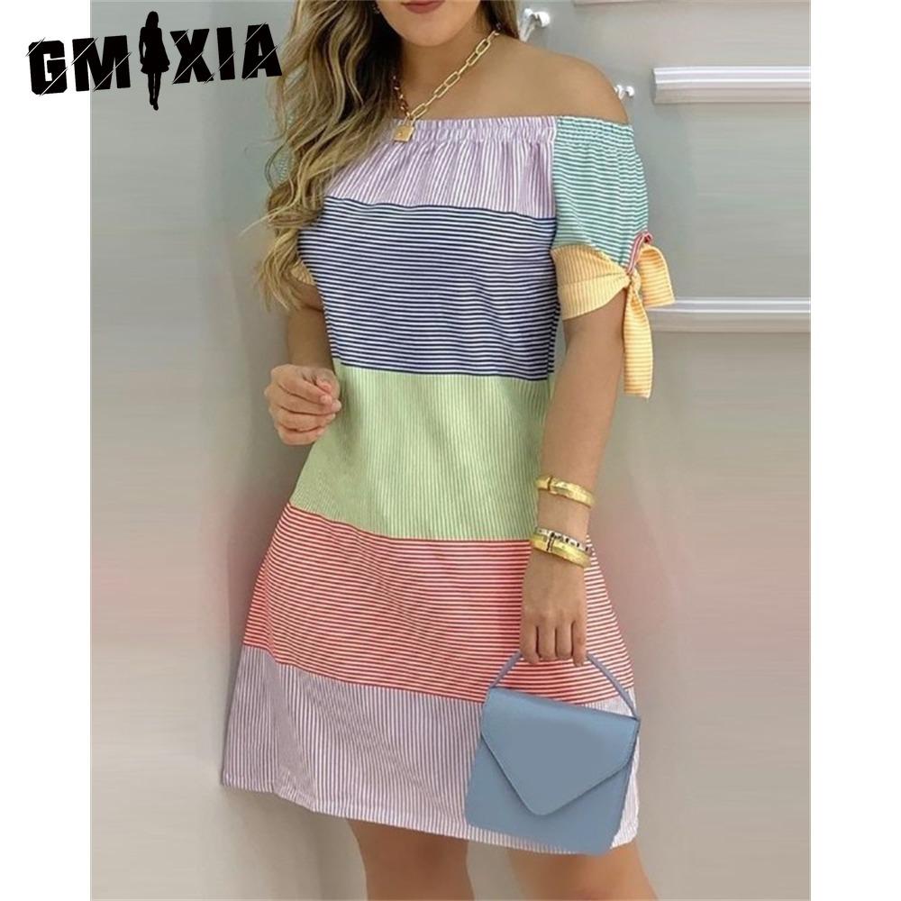 GMXIA Женское модное платье с открытыми плечами, короткие рукава, принт с бантом, летние пляжные платья больших размеров