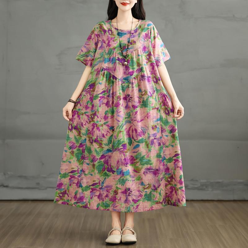 DIMANAF 2025 Женское Новое Летнее Платье Свободное Винтажный Принт Цветочный Базовое Повседневное Длинное Платье Большого Размера Плюс Сайз