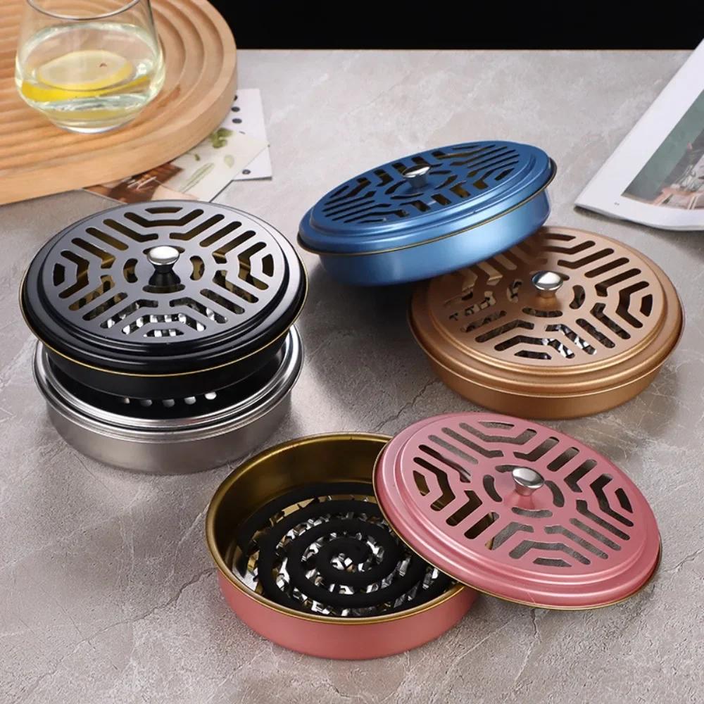 1PC Round Fireproof Mosquito Coil Box with Lid, Serrated Iron Coil Holder Tray, Outdoor Camping Tools
