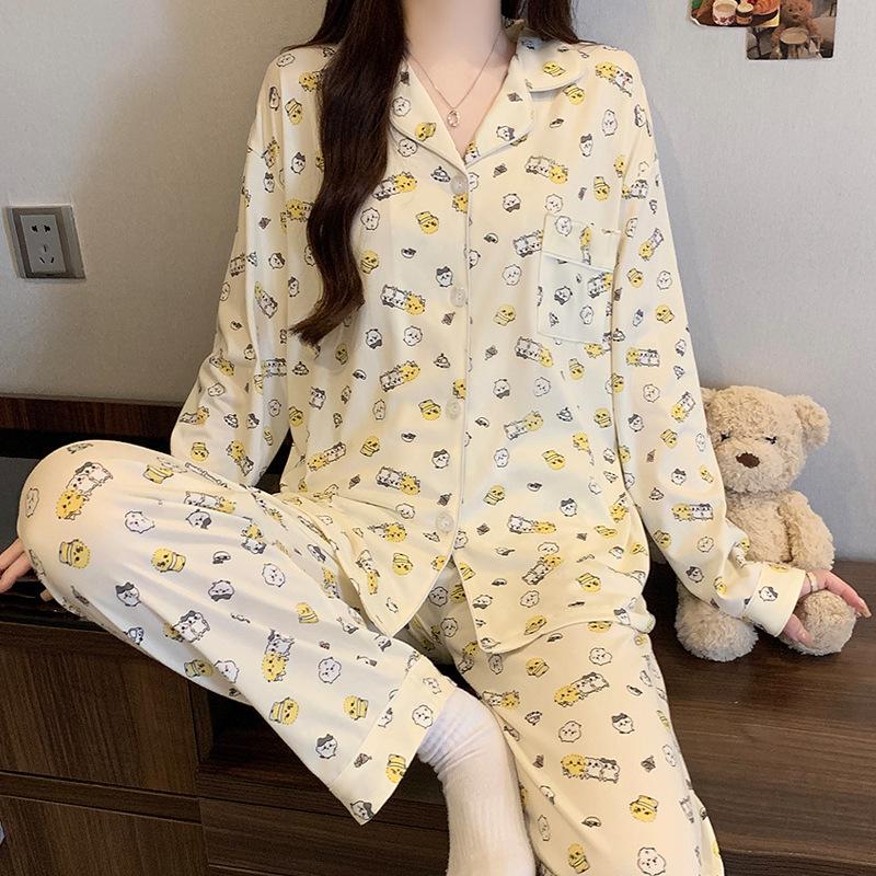 Imitation cotton pajamas women's autumn new long-sleeved pajamas black high-end star full print loungewear women's suit