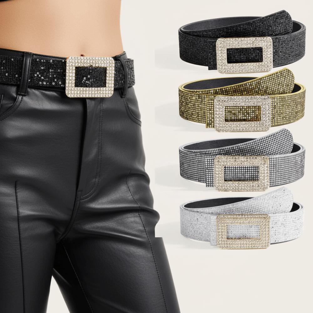 Punk Sequin Belt Rhinestone Square Buckle Y2K Girl Waistband PU Leather Wide Waistband  Outdoor