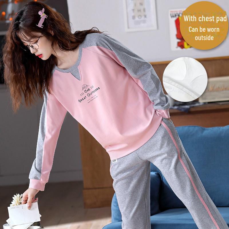 Женская осенняя пижама с длинными рукавами и рисунком из мультфильмов, с нагрудными накладками - тонкий хлопок для ношения в помещении и на улице весной, осенью и зимой