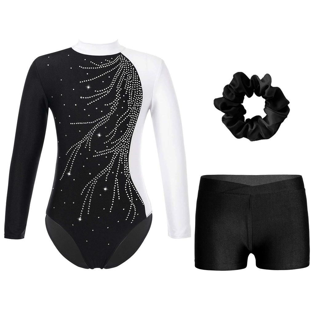 Детский гимнастический танцевальный наряд для девочек, купальник с длинными рукавами и блестящими стразами, купальник с вырезом на спине и V-образным поясом, шорты с повязкой для волос