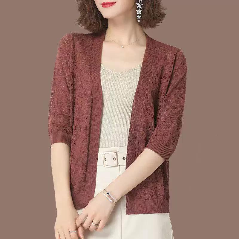 Oversized Summer Knit Cardigan Jackets Half Sleeve Lace Knitwears Coats Korean Elegant Trendy Hollow Out Sunscreen Tops