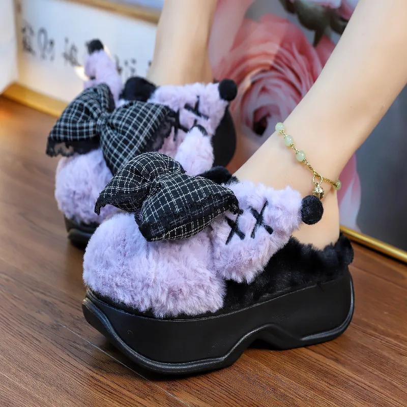Модная зимняя новинка женская обувь модные теплые хлопковые тапочки на толстой подошве милые бантики аксессуары Баотоу домашние плюшевые хлопковые туфли