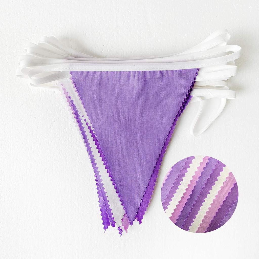 10M/32Ft Purple and White Pennant Banner Fabric Triangle Flag Cotton Cloth Bunting Garland Kit for Wedding Birthday Lavender Party Home Nursery
